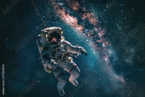 A lone astronaut, tethered to their spacecraft, floats weightlessly against the awe-inspiring backdrop of the Milky Way galaxy photo