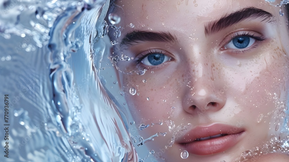 Portrait of a beautiful young woman under water drops, smiling. Beauty spa and Skin care concept.