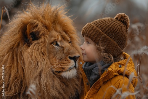 Little Girl Standing Next to Large Lion