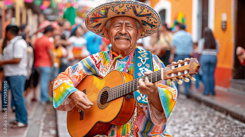 Colorful senior Mariachi Musician Playing Guitar in a Vibrant Mexican Street
