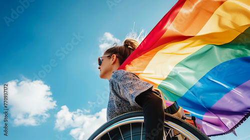 Young Person in Wheelchair with Rainbow LGBT Flag against blue sky, Pride, equality and Freedom concept © Renata Hamuda