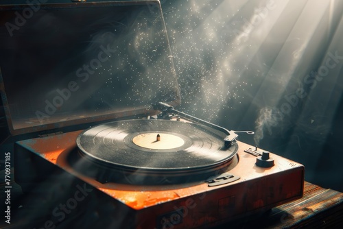 A vintage record player spins a classic vinyl album, the needle crackling softly as the music fills the air.