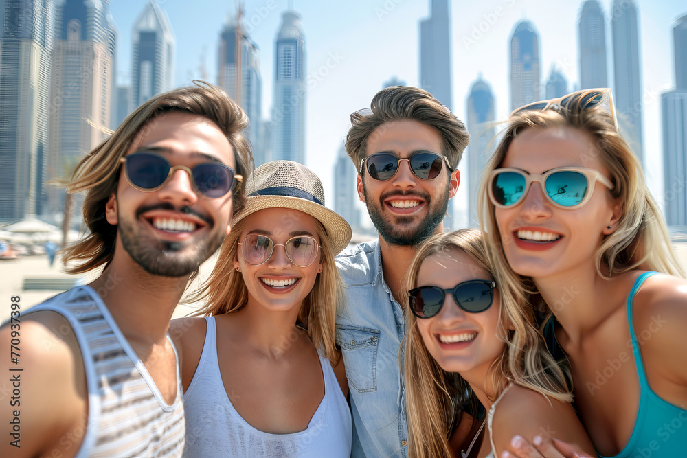 Joyful Friends Taking a Group Selfie with City Skyscrapers in the Background during their summer trip holidays