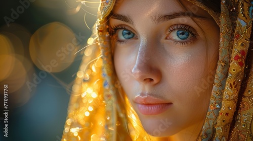 Woman With Blue Eyes in Gold Headdress
