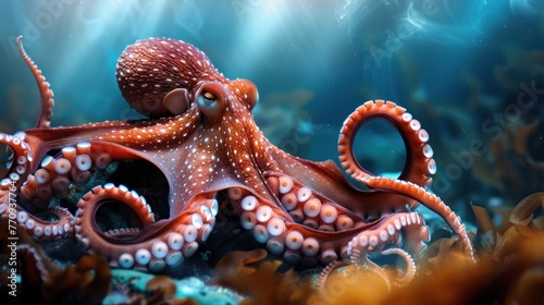 Beautiful octopus on the blue sea water view. AI generated image