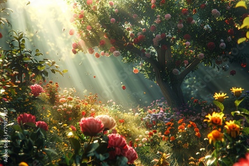 Abundant Garden of Flowers and Trees
