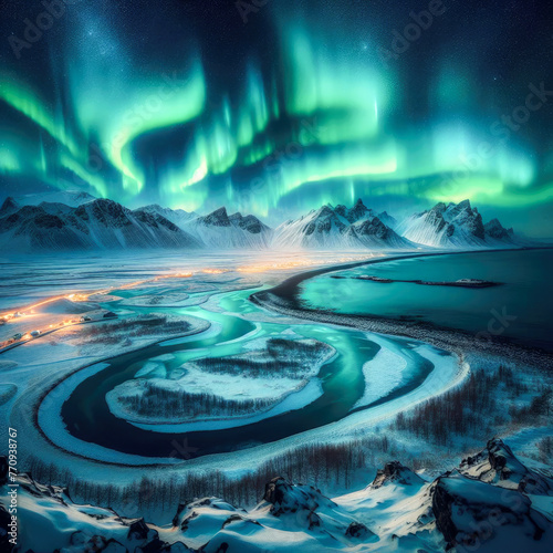 Northern Lights Illuminating Snow-Laden Mountain Landscape