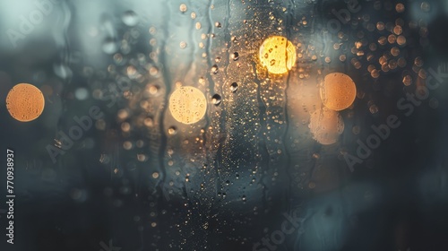 Glass gradient texture with drops, blurred bokeh effect 