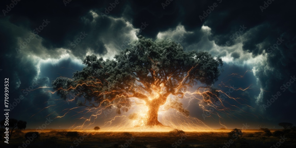 Lightning striking a tree with a bright flash. Natural disaster, hurricane concept.