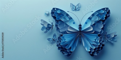 Bright blue butterfly with widely spread wings on a blue background. Paper - cut art.