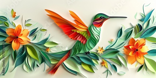 Bright hummingbird with flowers and widely spread wings. Paper - cut art.