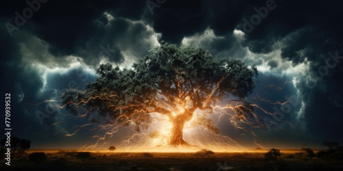Lightning striking a tree with a bright flash. Natural disaster, hurricane concept.