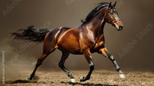 Beautiful brown horse run forward in savanna. AI generated image © orendesain99