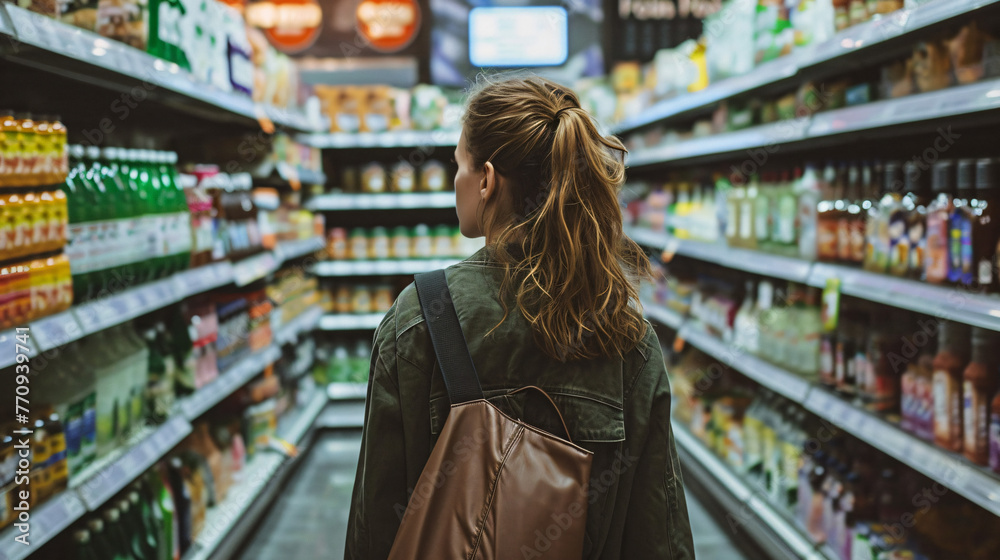 Viewed from behind, a woman navigates the aisles of the supermarket, meticulously selecting items, her posture reflecting purposeful efficiency amidst the bustling grocery environment