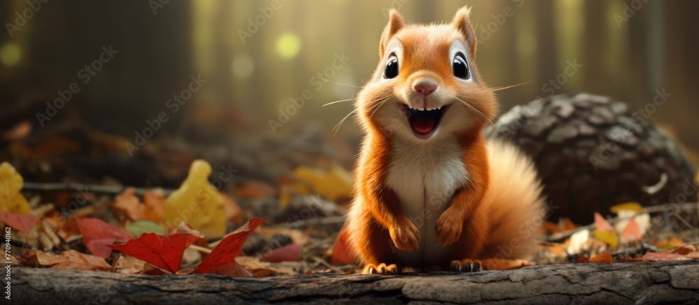 A squirrel, a terrestrial animal with whiskers and a tail, is perched on a tree branch in the woods, smiling. Nearby, a fawn grazes on the grass while a dog breed snoops around A squirrel, a terrestrial animal with whiskers and a tail, is perched on a tree branch in the woods, smiling. Nearby, a fawn grazes on the grass while a dog breed snoops around