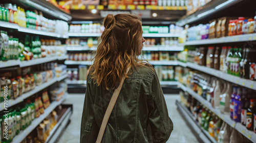 Viewed from behind, a woman navigates the aisles of the supermarket, meticulously selecting items, her posture reflecting purposeful efficiency amidst the bustling grocery environment photo