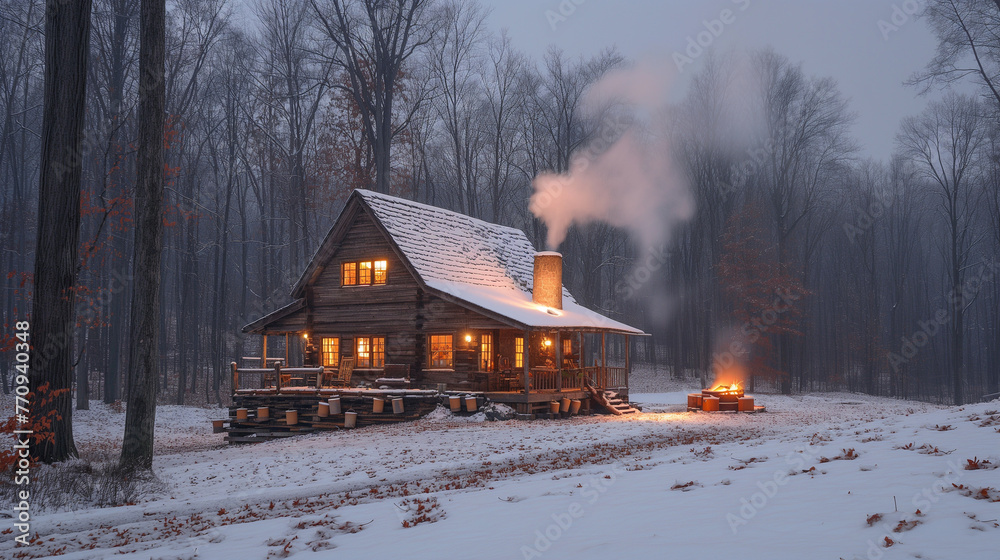 A rustic wooden cabin nestled in a maple forest, with buckets hanging from the trees collecting sap, while billows of steam rise from the sugar shack where maple syrup is being boi
