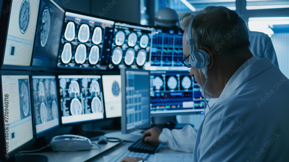 Neurological Analysis. A medical professional intently examines brain scans displayed on multiple computer monitors in a clinical setting. Neurological Analysis. A medical professional intently examines brain scans displayed on multiple computer monitors in a clinical setting.