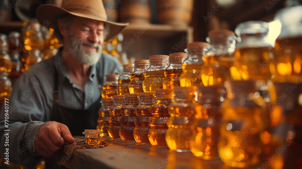 A maple syrup connoisseur conducting a tasting session, swirling a ...