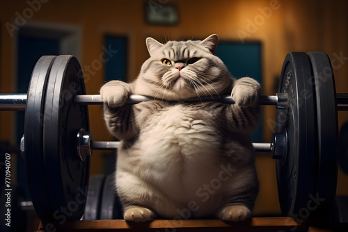 Determined chubby cat hitting the gym, lifting weights with gusto to reach its fitness goals and shed excess weight Generative AI,