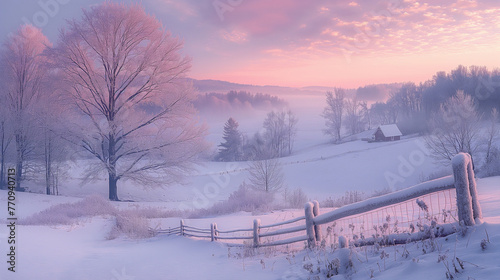 A panoramic view of a maple syrup orchard at sunrise, with the first light of dawn casting a warm glow over the frost-covered trees and the distant hills, creating a serene and tra photo