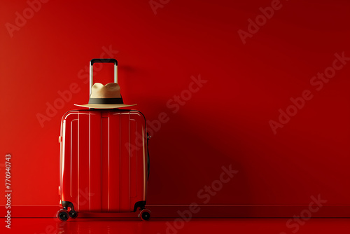 a red shiny suitcase in a hat isolated on red wall 3d 556d6272-aa80-4922-ac8d-f81599a24b71 3 photo