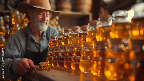 A maple syrup connoisseur conducting a tasting session, swirling a sample of syrup in a glass to appreciate its aroma and flavor profile, with notes of caramel, vanilla, and hints