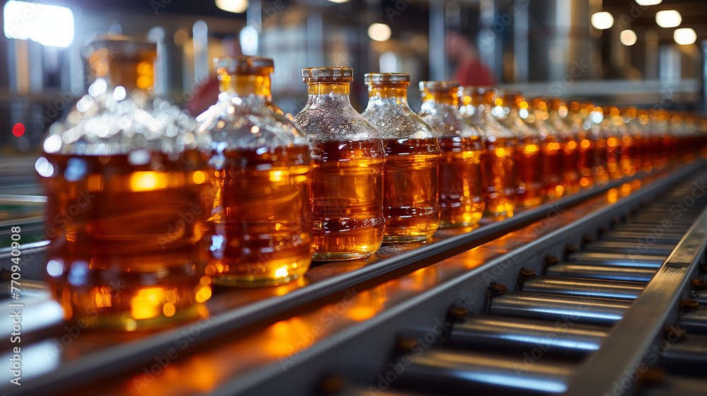 A maple syrup bottling facility in operation, with stainless steel vats filled with freshly boiled syrup, conveyor belts transporting bottles to be filled and capped, and workers i A maple syrup bottling facility in operation, with stainless steel vats filled with freshly boiled syrup, conveyor belts transporting bottles to be filled and capped, and workers i