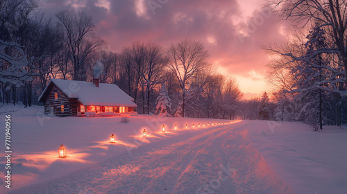 A maple syrup farm at twilight, with rows of illuminated trees casting long shadows on the snow-covered ground, and the warm glow of lanterns illuminating the sugar shack where syr
