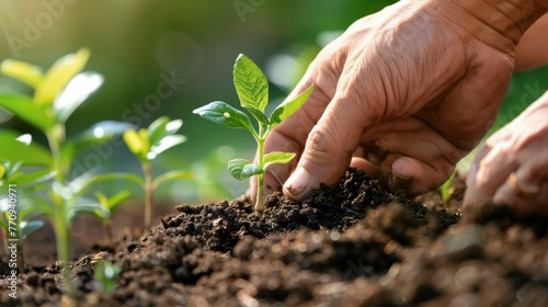 Close up hands planting seed new tree into soil. AI generated image