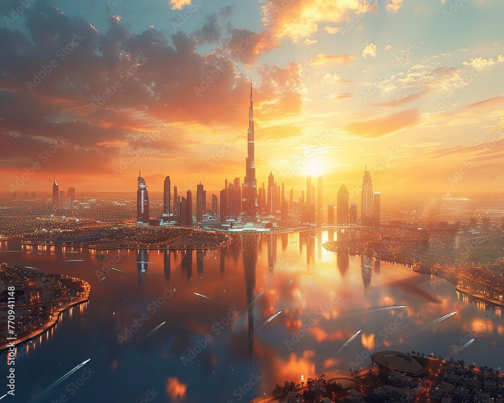 Dubai aerial view, sunset, futuristic architecture, wide angle for a dynamic wallpaper , photographic style