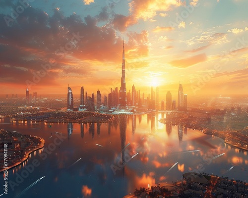 Dubai aerial view, sunset, futuristic architecture, wide angle for a dynamic wallpaper , photographic style photo
