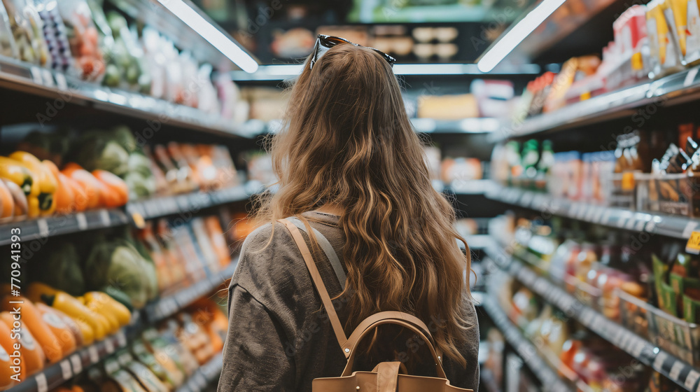 Viewed from behind, a woman navigates the aisles of the supermarket, meticulously selecting items, her posture reflecting purposeful efficiency amidst the bustling grocery environment
