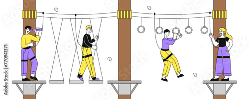 Kids in adventure park vector linear