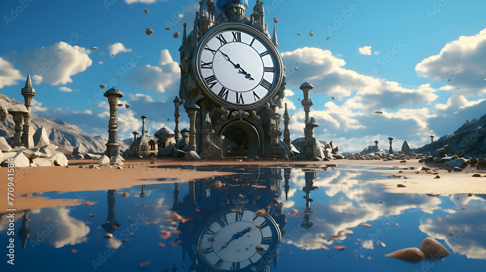 3D rendering of a fantasy landscape with a clock in the foreground - obrazy, fototapety, plakaty 