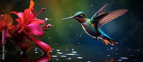 A bird, possibly a hummingbird with its long beak, hovers near a flower in the water. This event showcases wildlife interacting with a terrestrial plant in its liquid habitat © AkuAku