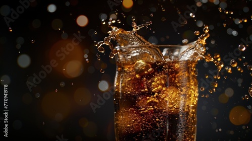Splashing coke drink out of glass in dark background. AI generated image