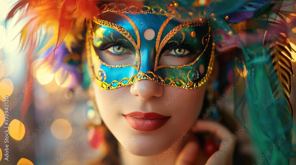 Attractive Woman With colorful Carnival masquerade Mask. AI generated image