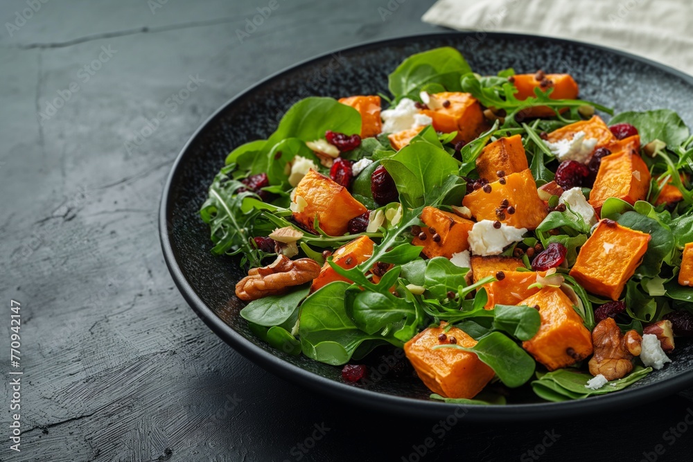 A salad with roasted sweet potato, feta, walnuts, cranberries on mixed greens on dark background A salad with roasted sweet potato, feta, walnuts, cranberries on mixed greens on dark background