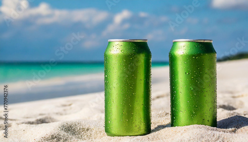 2 green aluminum can with condensation drops on clear white sand at beach. Beer or soda drink package.