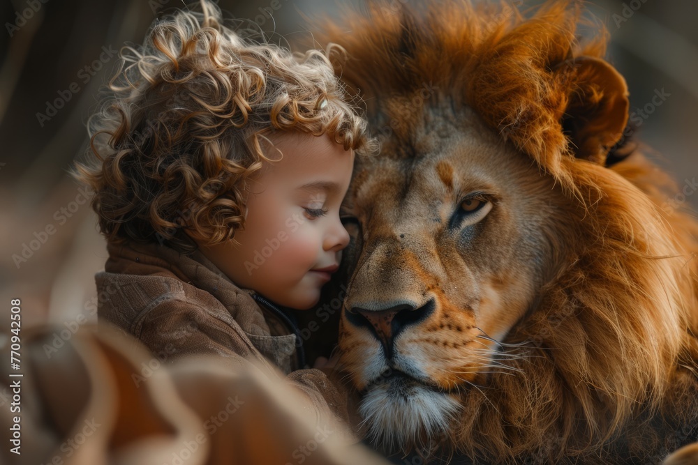 Little Boy Hugs Big Lion