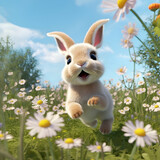 3d rendering of a cute easter bunny running in the meadow