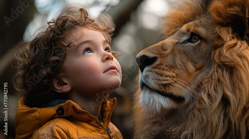 Young Boy Observing Lion
