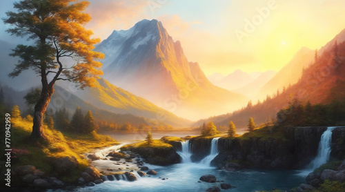 Mountain landscape with waterfalls against the backdrop of a high mountain in the morning during sunrise © Volodymyr