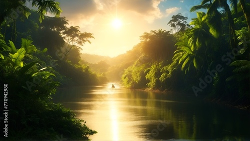 Tropical landscape with overgrown trees on the riverbanks at sunset