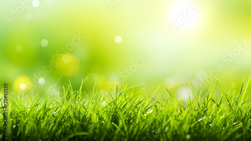 Green grass on a blurred background in sunny weather, a design template