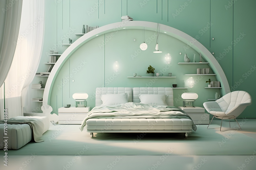 3D Luxury Bedroom in Mint Green HD Full Bright
