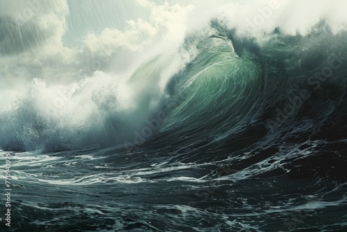 This photograph showcases a beautiful painting capturing the immense power and size of a large wave crashing in the ocean, A hyper-realistic iconic view of a giant wave about to crash, AI Generated