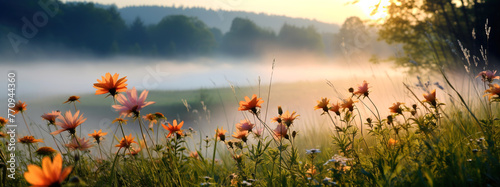 Bright flowers in the meadow in front of the forest in the morning mist during sunrise © Volodymyr