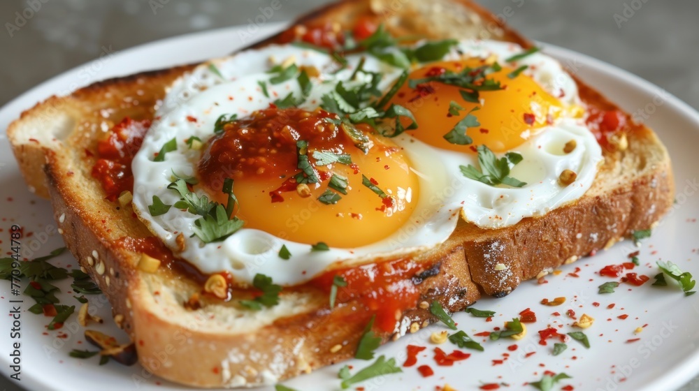 Delicious fried egg with chili on toast at white plate. AI generated image Delicious fried egg with chili on toast at white plate. AI generated image